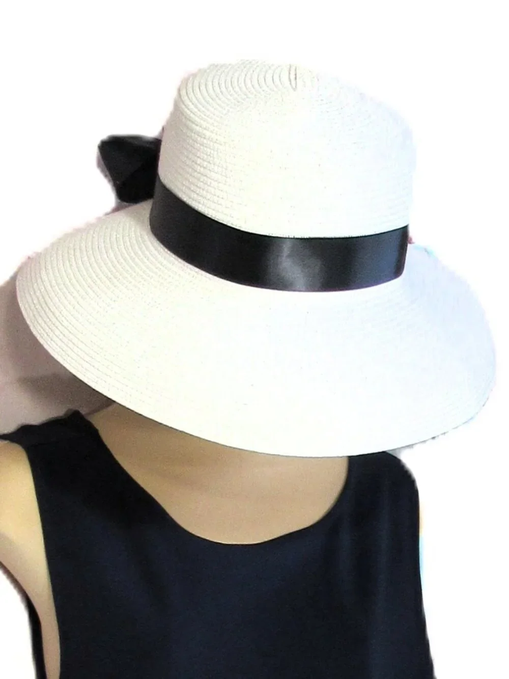 NEW CLASSY RETRO STRAW HAT WHITE + BLACK BOW SIZE M/L SO HEPBURN